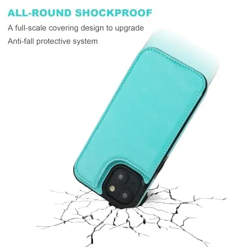 ONETOP Compatible with iPhone 15 Wallet Case with Card Holder, PU Leather Kickstand Card Slots Case, Double Magnetic Clasp and Durable Shockproof Cover 6.1 Inch (Light Blue) - 6