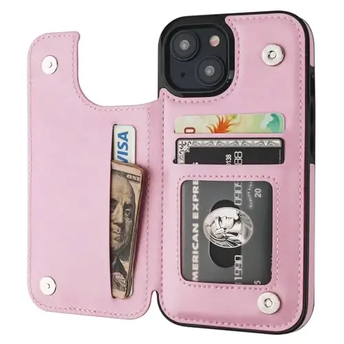 ONETOP Compatible with iPhone 15 Wallet Case with Card Holder, PU Leather Kickstand Card Slots Case, Double Magnetic Clasp and Durable Shockproof Cover 6.1 Inch (Pink) 