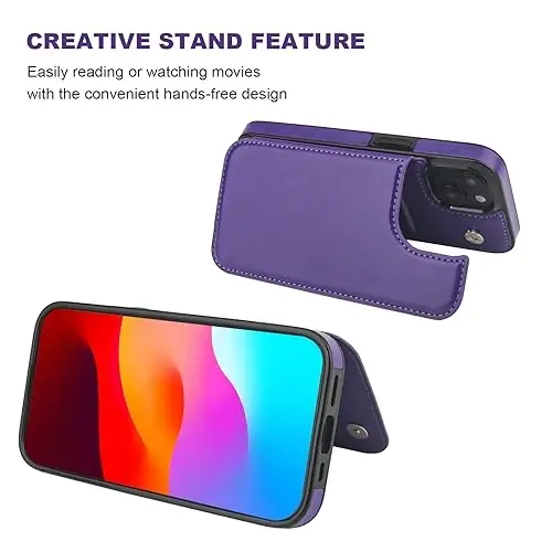 ONETOP Compatible with iPhone 15 Wallet Case with Card Holder, PU Leather Kickstand Card Slots Case, Double Magnetic Clasp and Durable Shockproof Cover 6.1 Inch (Purple) - 5