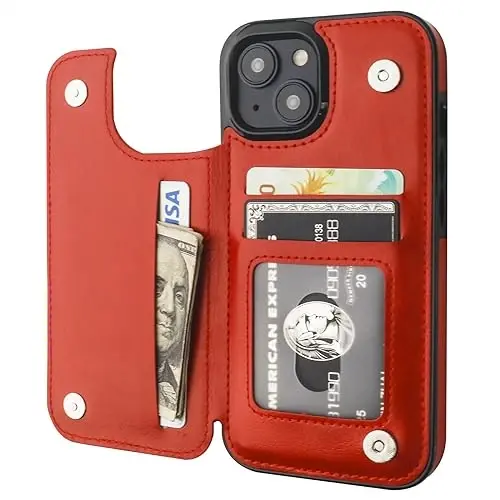ONETOP Compatible with iPhone 15 Wallet Case with Card Holder, PU Leather Kickstand Card Slots Case, Double Magnetic Clasp and Durable Shockproof Cover 6.1 Inch (Red) 