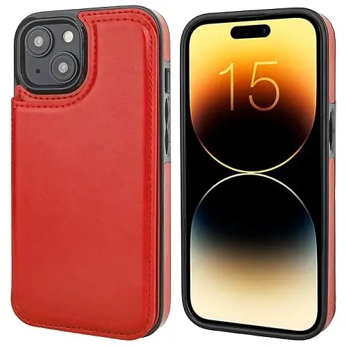 ONETOP Compatible with iPhone 15 Wallet Case with Card Holder, PU Leather Kickstand Card Slots Case, Double Magnetic Clasp and Durable Shockproof Cover 6.1 Inch (Red) - 3