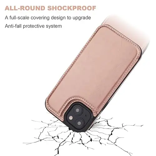 ONETOP Compatible with iPhone 15 Wallet Case with Card Holder, PU Leather Kickstand Card Slots Case, Double Magnetic Clasp and Durable Shockproof Cover 6.1 Inch (Rose Gold) - 6