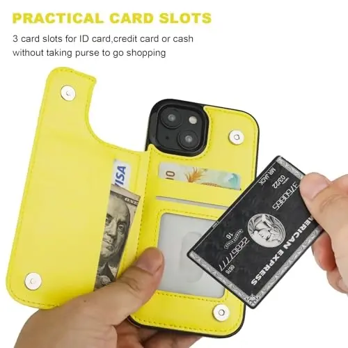 ONETOP Compatible with iPhone 15 Wallet Case with Card Holder, PU Leather Kickstand Card Slots Case, Double Magnetic Clasp and Durable Shockproof Cover 6.1 Inch (Yellow) - 4