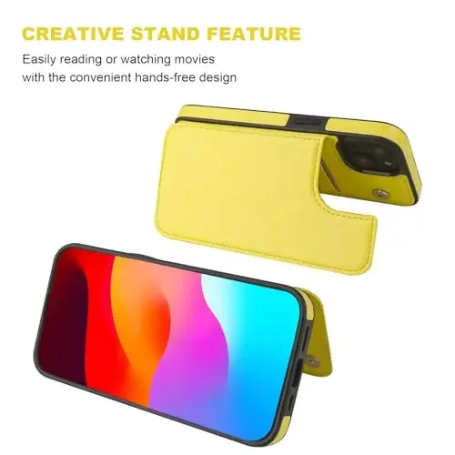 ONETOP Compatible with iPhone 15 Wallet Case with Card Holder, PU Leather Kickstand Card Slots Case, Double Magnetic Clasp and Durable Shockproof Cover 6.1 Inch (Yellow) - 5