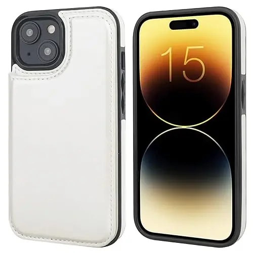 ONETOP iPhone 15 bilan mos keladigan karta ushlagichi bilan hamyon g'ilofi, PU teri tayanchi karta uyalari g'ilofi, ikkita magnit qisqichi va bardoshli zarbaga chidamli qopqoq 6,1 dyuym (oq) - 3