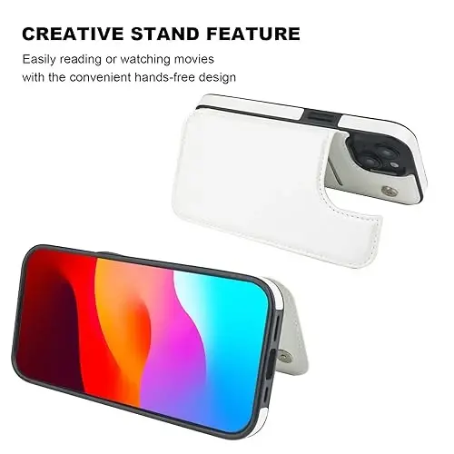 ONETOP iPhone 15 bilan mos keladigan karta ushlagichi bilan hamyon g'ilofi, PU teri tayanchi karta uyalari g'ilofi, ikkita magnit qisqichi va bardoshli zarbaga chidamli qopqoq 6,1 dyuym (oq) - 5