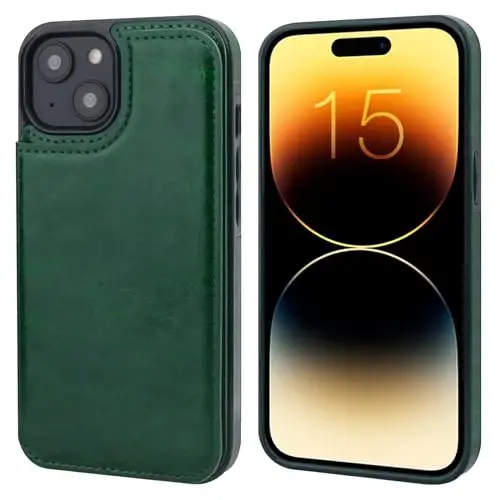ONETOP iPhone 15 bilan mos keladigan, karta ushlagichli hamyon gʻilofi, PU charm oʻrindiqli karta uyali gʻilof, qoʻshaloq magnit qisqich va bardoshli zarbaga chidamli qopqoq 6,1 dyuym (Yashil) - 3