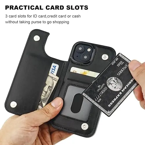 ONETOP iPhone 15 bilan mos keladigan, karta ushlagichli hamyon g'ilofi, PU charm oyoq tirgakli karta uyali g'ilof, qo'shaloq magnit qisqich va zarbaga chidamli bardoshli qopqoq 6,1 dyuym (qora) - 4