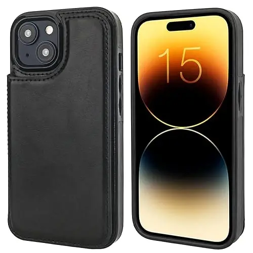 ONETOP iPhone 15 bilan mos keladigan, karta ushlagichli hamyon g'ilofi, PU charm oyoq tirgakli karta uyali g'ilof, qo'shaloq magnit qisqich va zarbaga chidamli bardoshli qopqoq 6,1 dyuym (qora) - 3