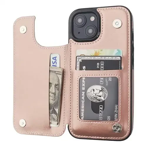 ONETOP iPhone 15 bilan mos keladigan kartochkali hamyon gʻilofi, PU teri tirgakli kartochka uyali gʻilof, qoʻsh magnitli qisqich va zarbaga chidamli bardoshli qopqoq 6,1 dyuym (atirgul oltin) - OT ONETOP