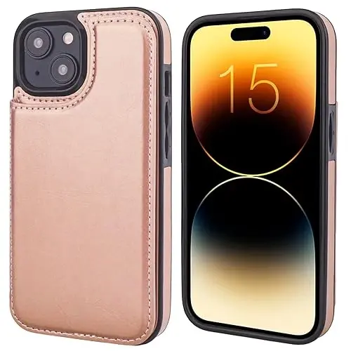 ONETOP iPhone 15 bilan mos keladigan kartochkali hamyon gʻilofi, PU teri tirgakli kartochka uyali gʻilof, qoʻsh magnitli qisqich va zarbaga chidamli bardoshli qopqoq 6,1 dyuym (atirgul oltin) - 3