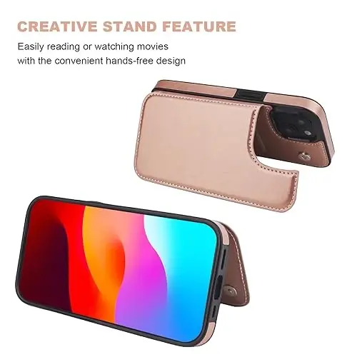 ONETOP iPhone 15 bilan mos keladigan kartochkali hamyon gʻilofi, PU teri tirgakli kartochka uyali gʻilof, qoʻsh magnitli qisqich va zarbaga chidamli bardoshli qopqoq 6,1 dyuym (atirgul oltin) - 5