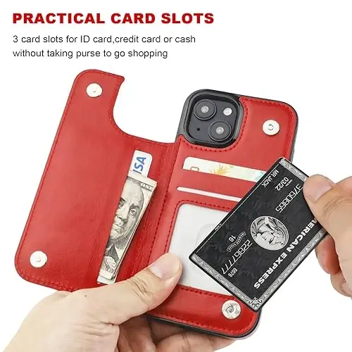 ONETOP iPhone 15 bilan mos keluvchi hamyonli gʻilof, karta ushlagichli, PU teri tayanchli karta uyali gʻilof, ikki tomonlama magnit qisqich va zarbaga chidamli bardoshli qopqoq 6,1 dyuym (qizil) - 4