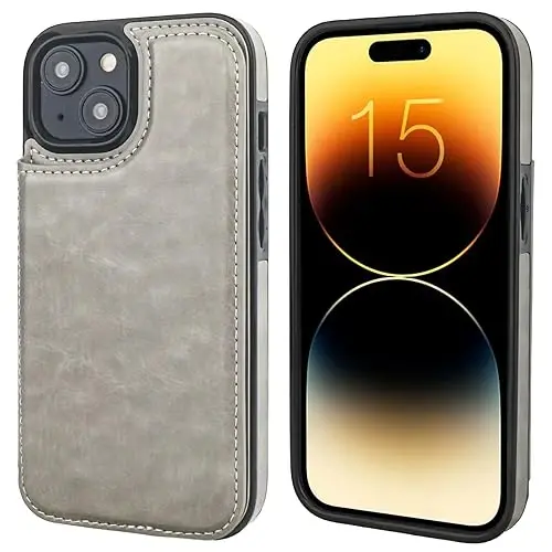 ONETOP iPhone 15 bilan mos keluvchi, karta ushlagichli hamyon gʻilofi, PU teri tayanchi, karta uyalari, qoʻsh magnit qisqich va zarbaga chidamli bardoshli qopqoq 6.1 dyuym (kulrang) - 3