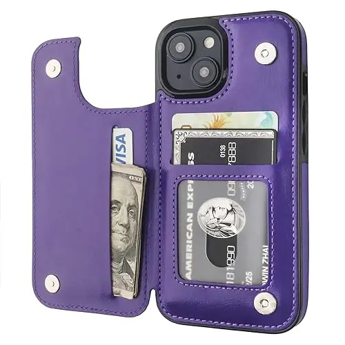 ONETOP iPhone 15 bilan mos keluvchi, kartalar uchun hamyonli g‘ilof, PU charm oyoqcha, kartalar uchun joyli g‘ilof, ikkita magnit qisqich va zarbaga chidamli bardoshli qopqoq 6.1 dyuym (Binafsha rang) 