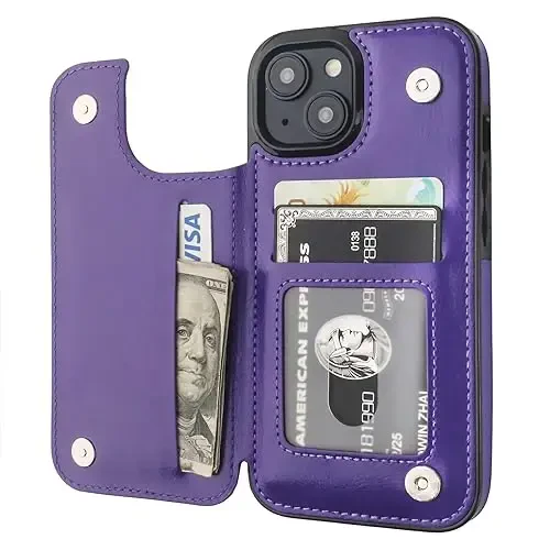 ONETOP iPhone 15 bilan mos keluvchi, kartalar uchun hamyonli g‘ilof, PU charm oyoqcha, kartalar uchun joyli g‘ilof, ikkita magnit qisqich va zarbaga chidamli bardoshli qopqoq 6.1 dyuym (Binafsha rang) - 1