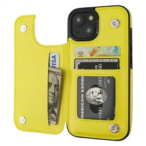 ONETOP iPhone 15 bilan mos keluvchi, kartalar uchun hamyonli g‘ilof, PU teri, tayanchli kartochka uyali g‘ilof, ikkita magnit qisqich va zarbaga chidamli 6,1 dyuymli qopqoq (Sariq) - OT ONETOP