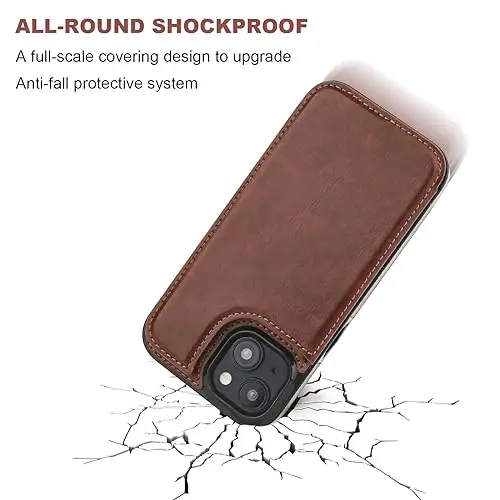 Onetop iPhone 15 bilan mos keluvchi kartochka xoldingi bo‘lgan hamyon sumkasi, PU charmli ko‘targichli kartochka uyasi korpusi, ikkita magnitli tutqich va mustahkam zarbaga chidamli qopqoq 6,1 dyuym (jigarrang) - 6