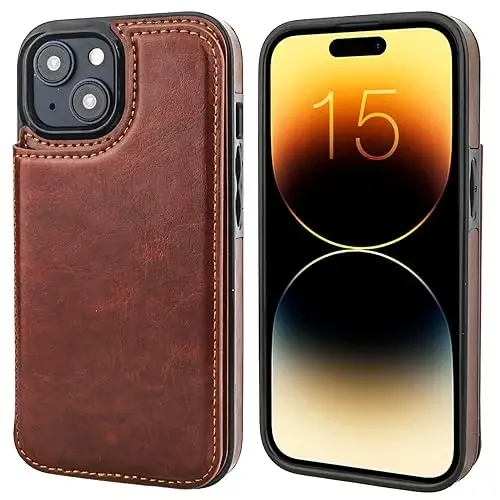 Onetop iPhone 15 bilan mos keluvchi kartochka xoldingi bo‘lgan hamyon sumkasi, PU charmli ko‘targichli kartochka uyasi korpusi, ikkita magnitli tutqich va mustahkam zarbaga chidamli qopqoq 6,1 dyuym (jigarrang) - 3