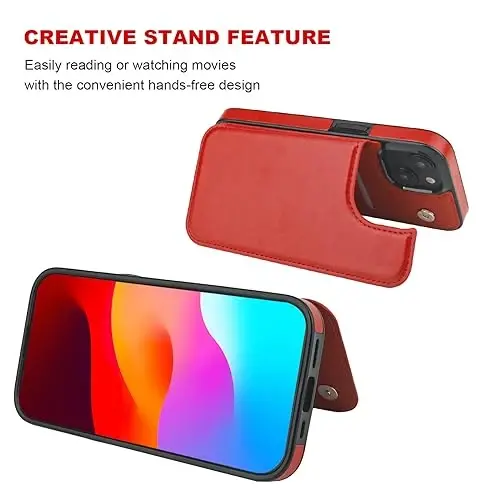 ONETOP Compatible with iPhone 15 Wallet Case with Card Holder, PU Leather Kickstand Card Slots Case, Double Magnetic Clasp and Durable Shockproof Cover 6.1 Inch (Red) - 5
