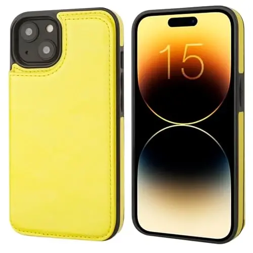 ONETOP Compatible with iPhone 15 Wallet Case with Card Holder, PU Leather Kickstand Card Slots Case, Double Magnetic Clasp and Durable Shockproof Cover 6.1 Inch (Yellow) - 3