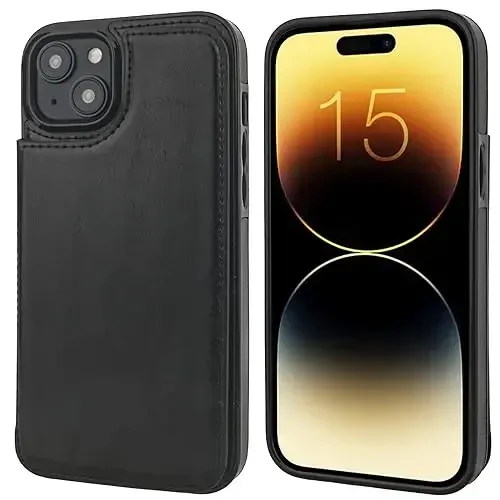 ONETOP iPhone 15 Plus bilan mos keladigan hamyon gʻilofi, kartalar uchun joyi bor PU charm tirgakli kartalar uchun gʻilof, qoʻshaloq magnit qisqich va zarbaga chidamli bardoshli qopqoq 6,7 dyuym (qora) - OT ONETOP (1)