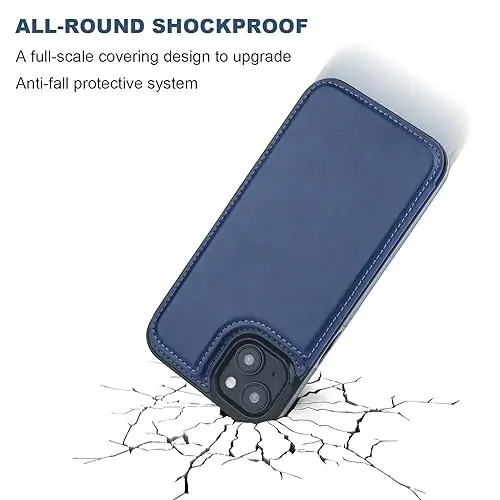 ONETOP iPhone 15 Plus bilan mos keladigan hamyonli gʻilof, karta ushlagichi, PU charm tirgakli karta uyali gʻilof, qoʻsh magnit qisqich va bardoshli zarbaga chidamli qopqoq 6,7 dyuym (koʻk) - 5