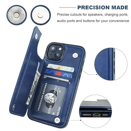 ONETOP iPhone 15 Plus bilan mos keladigan hamyonli gʻilof, karta ushlagichi, PU charm tirgakli karta uyali gʻilof, qoʻsh magnit qisqich va bardoshli zarbaga chidamli qopqoq 6,7 dyuym (koʻk) - 6