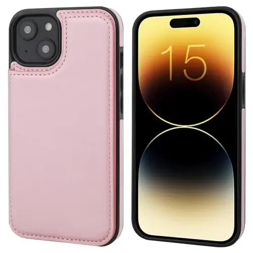 ONETOP iPhone 15 Plus bilan mos keladigan, kartochka ushlagichli hamyon g‘ilofi, PU teri tayanch kartochka uyali g‘ilofi, qo‘sh magnit qisqich va bardoshli zarbga chidamli qopqoq 6,7 dyuym (pushti) - 3
