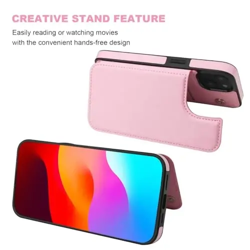 ONETOP iPhone 15 Plus bilan mos keladigan, kartochka ushlagichli hamyon g‘ilofi, PU teri tayanch kartochka uyali g‘ilofi, qo‘sh magnit qisqich va bardoshli zarbga chidamli qopqoq 6,7 dyuym (pushti) - 5