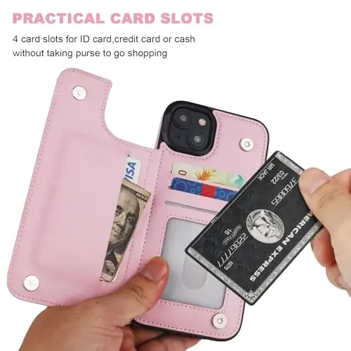 ONETOP iPhone 15 Plus bilan mos keladigan, kartochka ushlagichli hamyon g‘ilofi, PU teri tayanch kartochka uyali g‘ilofi, qo‘sh magnit qisqich va bardoshli zarbga chidamli qopqoq 6,7 dyuym (pushti) - 4