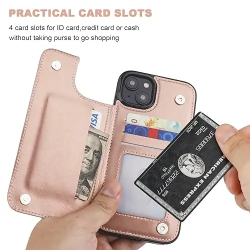 ONETOP iPhone 15 Plus bilan mos keluvchi, karta ushlagichli hamyonli g‘ilof, PU charm o‘rnatma karta uyali g‘ilof, qo‘sh magnitli qisqich va bardoshli zarbga chidamli qopqoq 6,7 dyuym (atirgul oltin) - 7