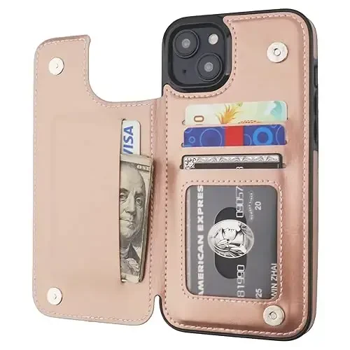 ONETOP iPhone 15 Plus bilan mos keluvchi, karta ushlagichli hamyonli g‘ilof, PU charm o‘rnatma karta uyali g‘ilof, qo‘sh magnitli qisqich va bardoshli zarbga chidamli qopqoq 6,7 dyuym (atirgul oltin) - 1