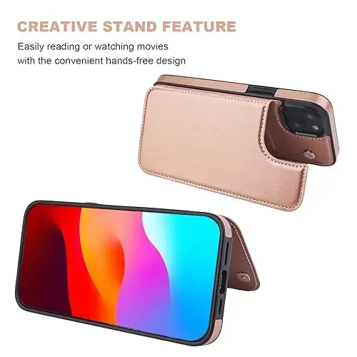 ONETOP iPhone 15 Plus bilan mos keluvchi, karta ushlagichli hamyonli g‘ilof, PU charm o‘rnatma karta uyali g‘ilof, qo‘sh magnitli qisqich va bardoshli zarbga chidamli qopqoq 6,7 dyuym (atirgul oltin) - 4