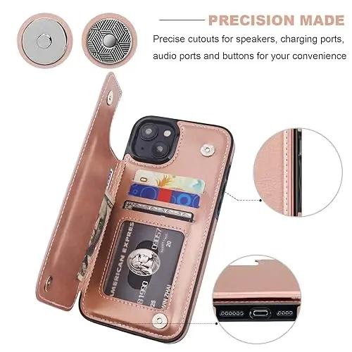 ONETOP iPhone 15 Plus bilan mos keluvchi, karta ushlagichli hamyonli g‘ilof, PU charm o‘rnatma karta uyali g‘ilof, qo‘sh magnitli qisqich va bardoshli zarbga chidamli qopqoq 6,7 dyuym (atirgul oltin) - 6