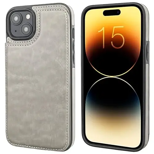 ONETOP iPhone 15 Plus bilan mos keluvchi, kartalar uchun hamyonli g'ilof, PU charm oyoqli kartalar uyasi, ikki magnitli qisqich va bardoshli zarbaga chidamli 6,7 dyuymli qopqoq (kulrang) - OT ONETOP (1)