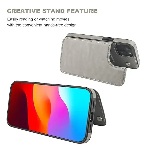 ONETOP iPhone 15 Plus bilan mos keluvchi, kartalar uchun hamyonli g'ilof, PU charm oyoqli kartalar uyasi, ikki magnitli qisqich va bardoshli zarbaga chidamli 6,7 dyuymli qopqoq (kulrang) - 4