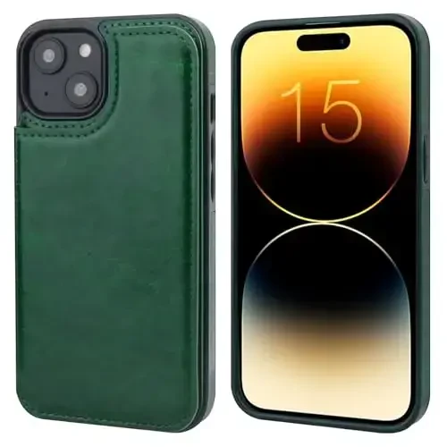 ONETOP iPhone 15 Plus bilan mos keluvchi, kartochkali hamyonli g‘ilof, PU charm tirgakli kartochka uyali g‘ilof, qo‘shaloq magnit qisqich va zarbga bardoshli mustahkam qopqoq 6,7 dyuym (yashil) - 3