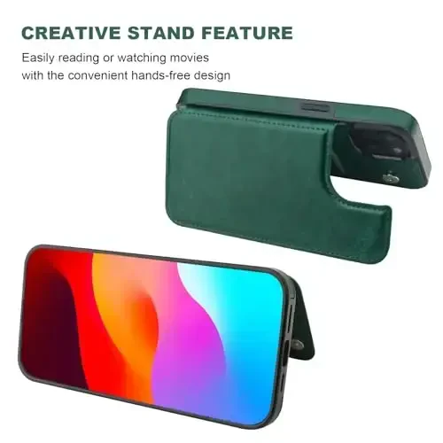 ONETOP iPhone 15 Plus bilan mos keluvchi, kartochkali hamyonli g‘ilof, PU charm tirgakli kartochka uyali g‘ilof, qo‘shaloq magnit qisqich va zarbga bardoshli mustahkam qopqoq 6,7 dyuym (yashil) - 5