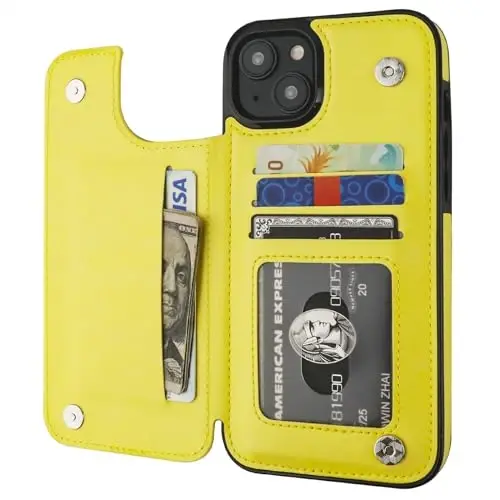 ONETOP Compatible with iPhone 15 Plus Wallet Case with Card Holder, PU Leather Kickstand Card Slots Case, Double Magnetic Clasp and Durable Shockproof Cover 6.7 Inch (Yellow) 