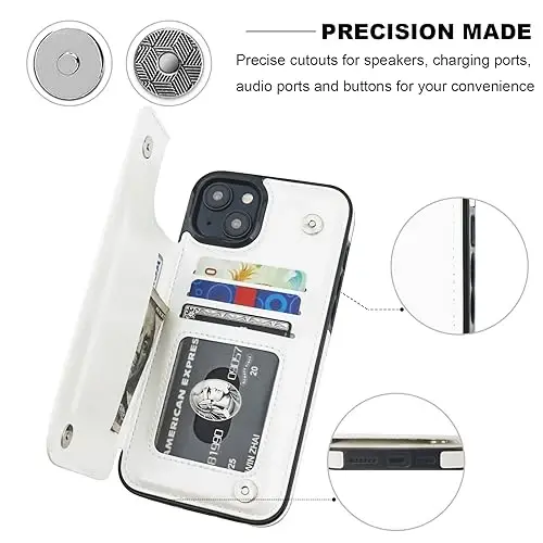 ONETOP Compatible with iPhone 15 Plus Wallet Case with Card Holder, PU Leather Kickstand Card Slots Case, Double Magnetic Clasp and Durable Shockproof Cover 6.7 Inch (White) - 6
