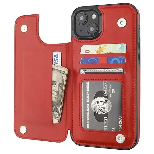 ONETOP Compatible with iPhone 15 Plus Wallet Case with Card Holder, PU Leather Kickstand Card Slots Case, Double Magnetic Clasp and Durable Shockproof Cover 6.7 Inch (Red) - 6