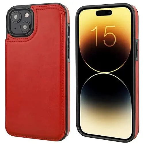 ONETOP Compatible with iPhone 15 Plus Wallet Case with Card Holder, PU Leather Kickstand Card Slots Case, Double Magnetic Clasp and Durable Shockproof Cover 6.7 Inch (Red) - ONETOP (1)