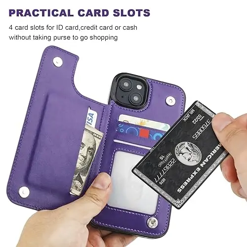 ONETOP Compatible with iPhone 15 Plus Wallet Case with Card Holder, PU Leather Kickstand Card Slots Case, Double Magnetic Clasp and Durable Shockproof Cover 6.7 Inch (Purple) - 3