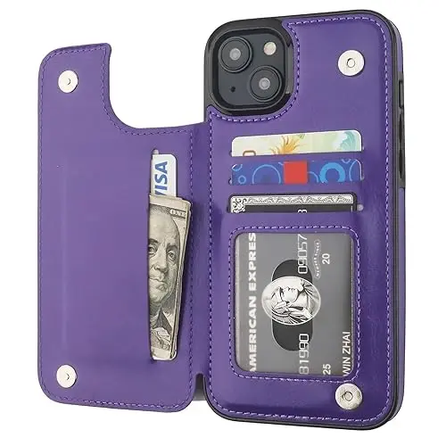 ONETOP Compatible with iPhone 15 Plus Wallet Case with Card Holder, PU Leather Kickstand Card Slots Case, Double Magnetic Clasp and Durable Shockproof Cover 6.7 Inch (Purple) - 6
