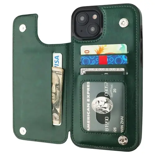 ONETOP Compatible with iPhone 15 Plus Wallet Case with Card Holder, PU Leather Kickstand Card Slots Case, Double Magnetic Clasp and Durable Shockproof Cover 6.7 Inch (Green) 