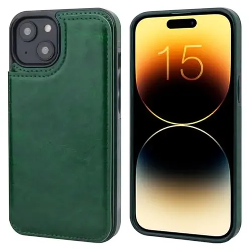 ONETOP Compatible with iPhone 15 Plus Wallet Case with Card Holder, PU Leather Kickstand Card Slots Case, Double Magnetic Clasp and Durable Shockproof Cover 6.7 Inch (Green) - 11