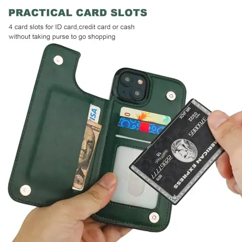 ONETOP Compatible with iPhone 15 Plus Wallet Case with Card Holder, PU Leather Kickstand Card Slots Case, Double Magnetic Clasp and Durable Shockproof Cover 6.7 Inch (Green) - 10