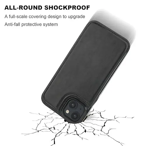 Onetop iPhone 15 Plus Карта Ҳолдери билан мослашган пул кобик, PU теридан тай очлар кобик, Иккита магнит қопсатгич ва чидамли соқа бермайдиган қопқоқ 6,7 дюйм (қора) 