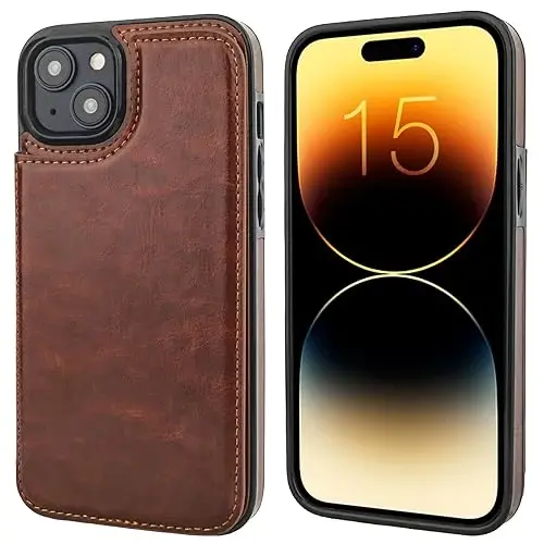 ONETOP iPhone 15 Plus uchun mos, kartalar uchun hamyonli g‘ilof, PU charm oyoq tirgakli, kartalar uchun joyli g‘ilof, qo‘sh magnit qisqich va zarbaga chidamli bardoshli qopqoq 6,7 dyuym (jigarrang) - 2